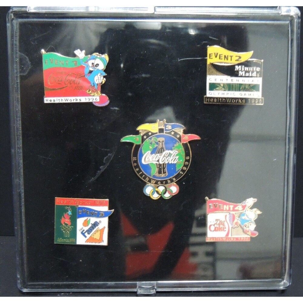 Coca Cola Healthworks Sponsor Event Pin set 1996 Olympics Atlanta with Case 5pcs